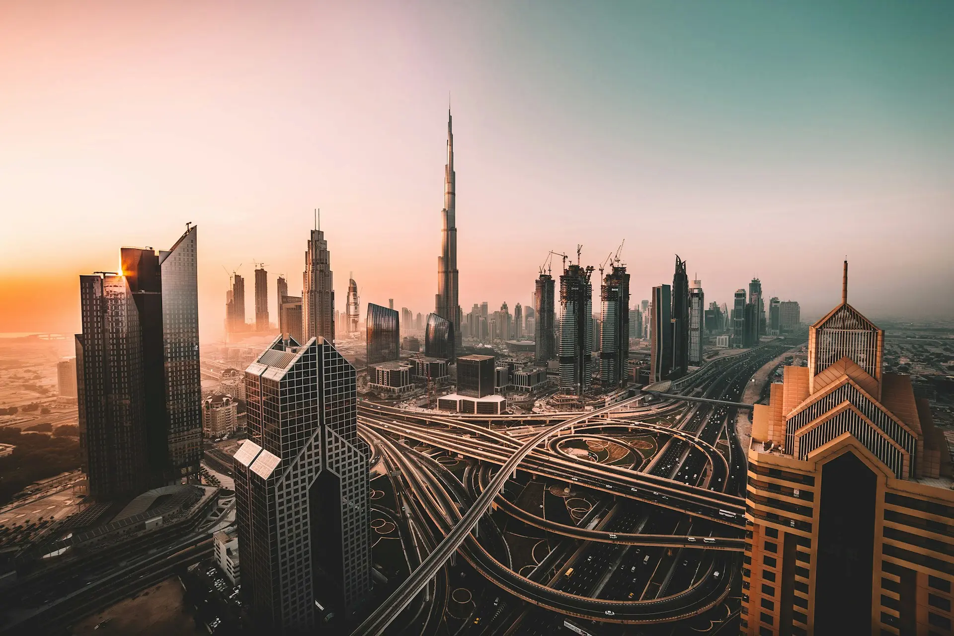 Dubai city skyline with Burj Khalifa and modern highways, United Arab Emirates